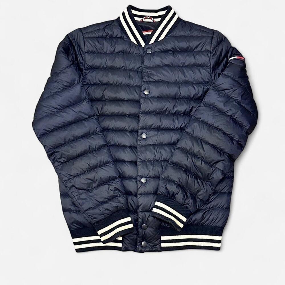 Tommy Hilfiger varsity puffer jacket men xsmall Athletic Streetwear navy blue